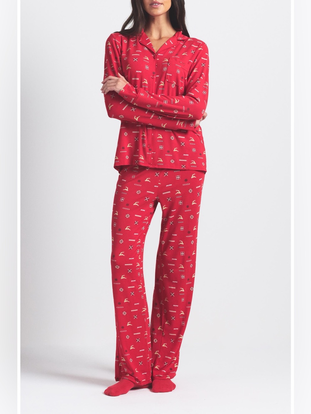 SKIMS Long Sleeve Button-Up Shirt & Pants Pajama Set Red Size S NWOT
